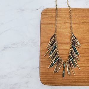 Teal and Gold Beaded Fringe Necklace